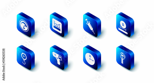 Set Graph, schedule, chart, diagram, Syringe, Diameter, Calliper or caliper and scale, Radius, Digital thermometer, Hand spring mechanical and Speedometer icon. Vector