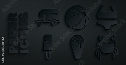 Set Ice cream in waffle cone, Swimsuit, Crab, Beach ball and Rv Camping trailer icon. Vector
