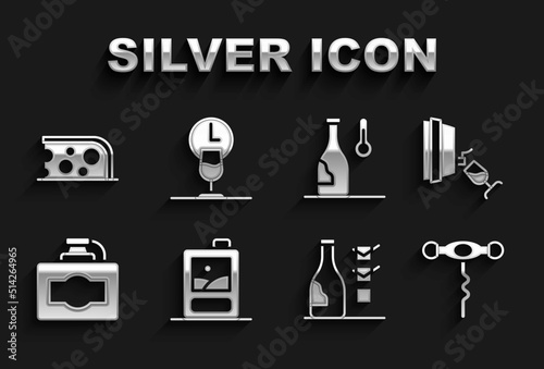 Set Cardboard box of wine, Wine tasting, degustation, corkscrew, Bottle, temperature, Cheese and time icon. Vector