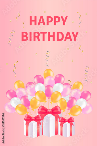 Balloon background for special events, realistic pink and yellow balloons and confetti on pink background. The festive concept of a greeting card or banner. Vector illustration.Happy birthday inscript photo
