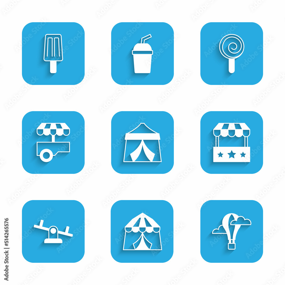 Set Circus tent, Hot air balloon, Ticket box office, Seesaw, Fast street food cart, Lollipop and Ice cream icon. Vector Set Circus tent, Hot air balloon, Ticket box office, Seesaw, Fast street food cart, Lollipop and Ice cream icon. Vector
