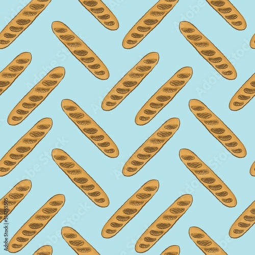 Seamless pattern of simple baguette illustrations on a blue background