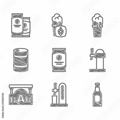 Set Beer can, tap with glass, bottle, Dispenser beer, Street signboard Bar, Metal keg, Glass of and icon. Vector