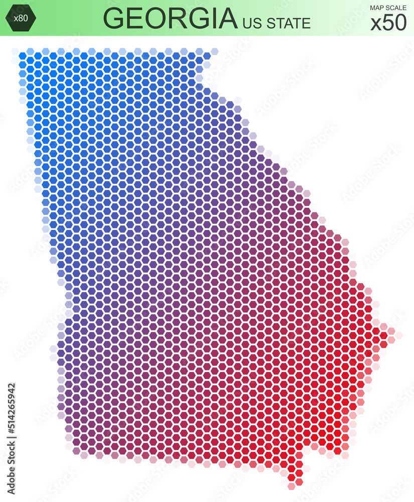 Dotted map of the state of Georgia in the USA, from hexagons, on a scale of 50x50 elements. With rough edges from the gradient and a smooth gradient from one color to another.