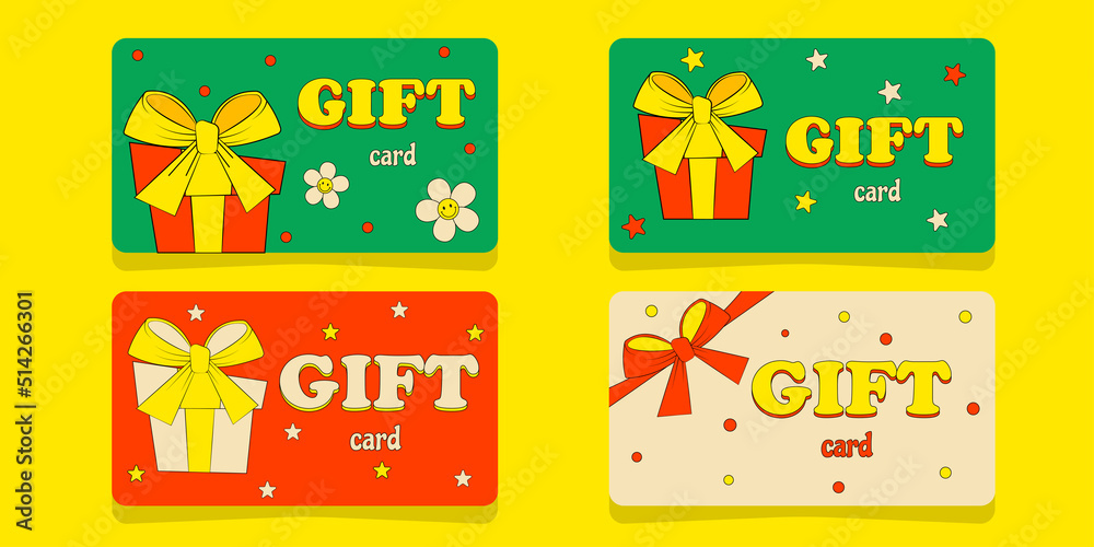 Set of Gift Cards in Retro Groove Style Bright Summer Design Set of Gift Cards in Retro Groove Style Bright Summer Design