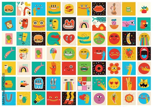 Collection of Round abstract comic Faces with various Emotions. Crazy Abstract comic geometric shape characters elements and faces. Vector Illustration photo