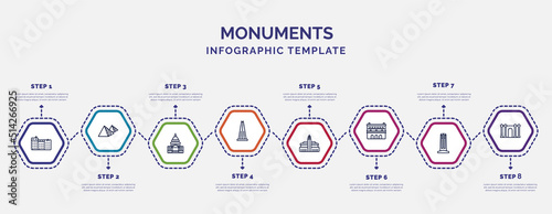 infographic template with icons and 8 options or steps. infographic for monuments concept. included denmark, united states capitol, the, hassan mosque, lonja of zaragoza, circle, barcelona icons.