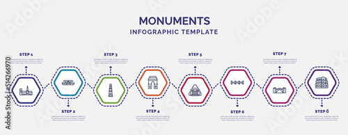 infographic template with icons and 8 options or steps. infographic for monuments concept. included notre dame cathedral, qutb minar in new delhi, medieval, shrine of remembrance, bridge of the