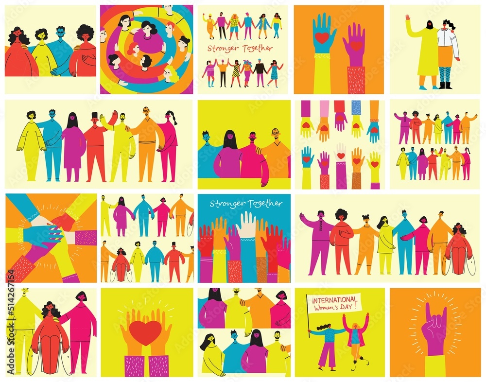 Group of people men, women are standing together. Concept of diversity, equality, tolerance, multicultural society. Vector set of multicultural people.