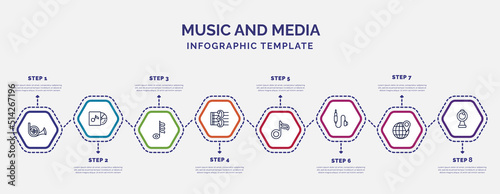 infographic template with icons and 8 options or steps. infographic for music and media concept. included french horn, demisemiquaver, alto clef, flat, jack connector, globe with pointer, webcam