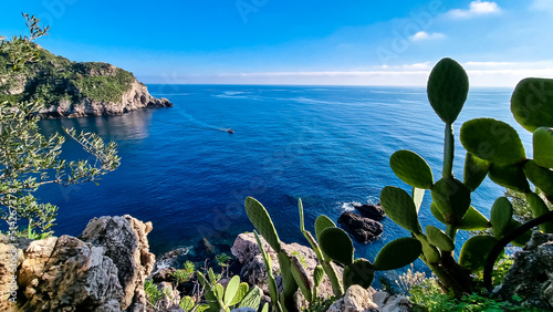 Scenic view on sunny day from touristic paradise island Isola Bella in Taormina, Sicily, Italy, Europe, EU. Tropical exotic cochineal cactus in foreground. Dreamy seascape at Ionian Mediterranean sea photo