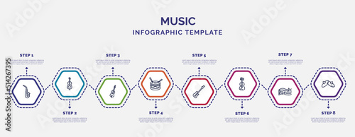 infographic template with icons and 8 options or steps. infographic for music concept. included blues, violoncello, percussion, bass guitar, viola, melody, cymbals icons.