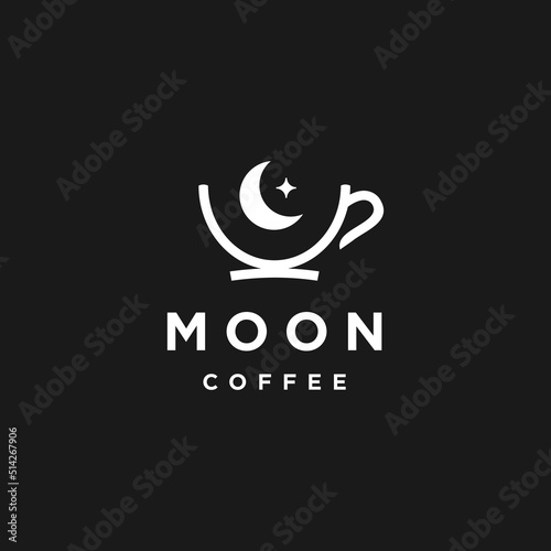 crescent moon coffee logo concept with half moon, star and simple mug cup icon. Night coffee logo design in linear line outline style Vector illustration