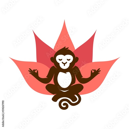monkey doing yoga meditation sitting in lotus position cartoon illustration with lotus flower background. chimpanzee ape meditating pose cartoon mascot design illustration