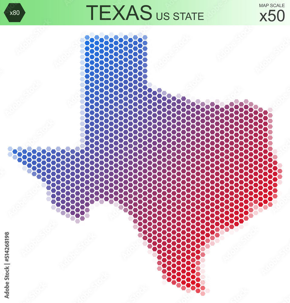 Dotted map of the state of Texas in the USA, from hexagons, on a scale of 50x50 elements. With rough edges from the gradient and a smooth gradient from one color to another.