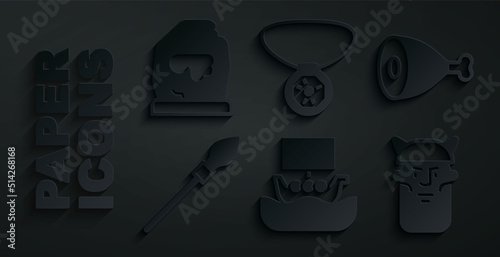 Set Viking ship Drakkar, Chicken leg, Medieval spear, head, Necklace with gem and Magic rune icon. Vector