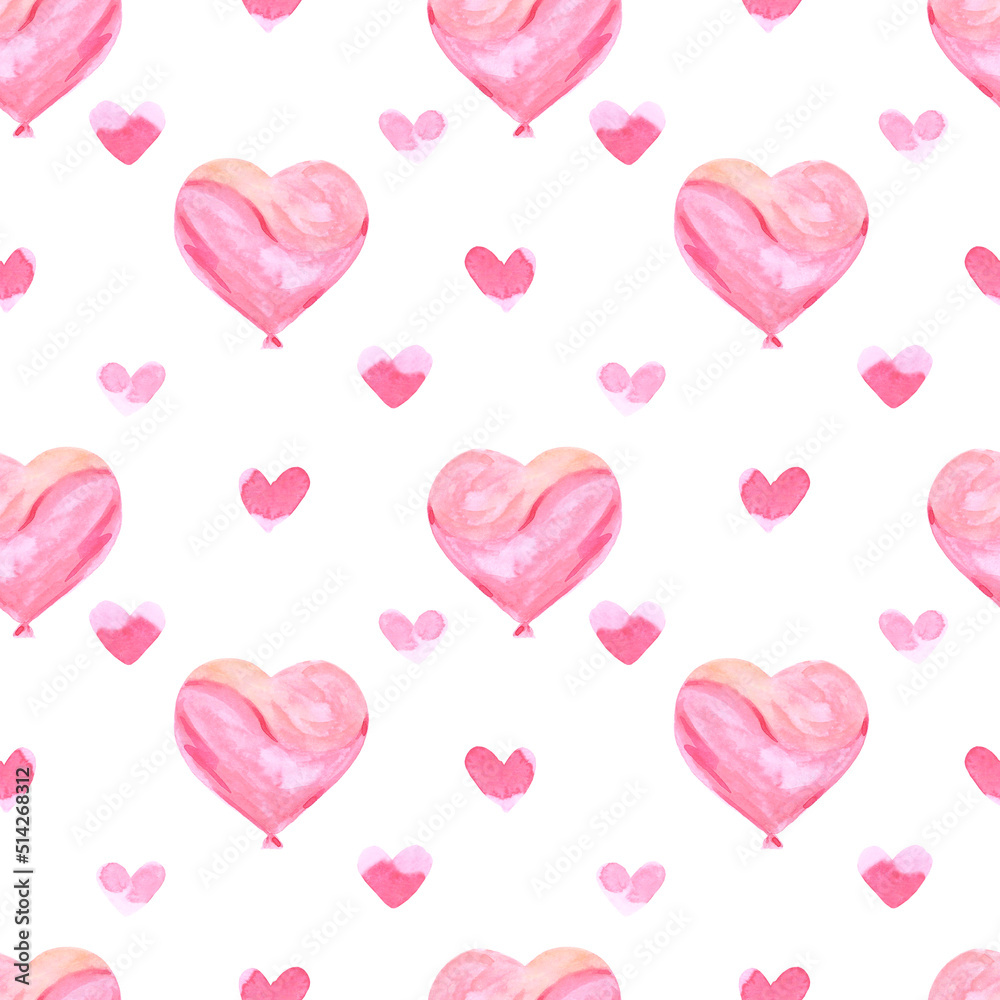 Handdrawn heart seamless pattern. Watercolor pink and cream heart on the white background. Scrapbook design, typography poster, label, banner, textile.