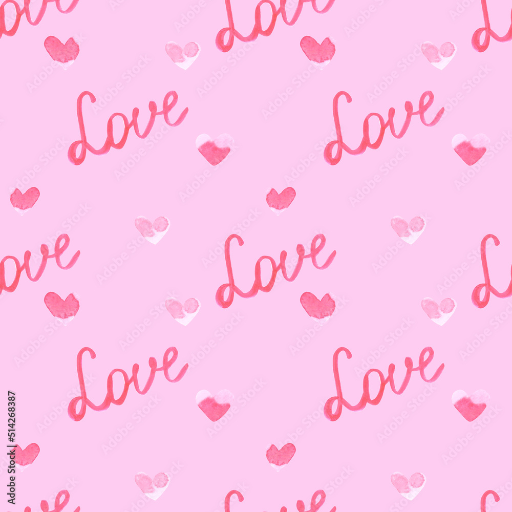 Handdrawn heart seamless pattern. Watercolor pink hearts and love signs on the pink background. Scrapbook design, typography poster, label, banner, textile.
