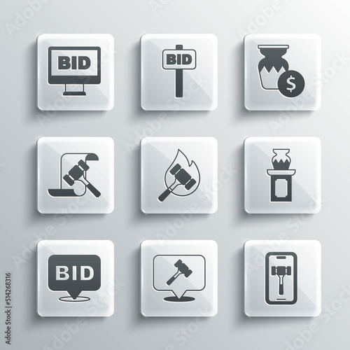 Set Auction hammer, Online auction, ancient vase, Bid, and icon. Vector
