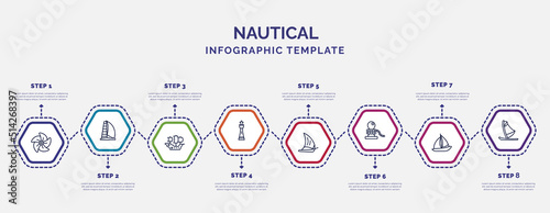 infographic template with icons and 8 options or steps. infographic for nautical concept. included boat screw, caravel, smeaton's tower, felucca, rope tied, windsail, windsurf board icons.