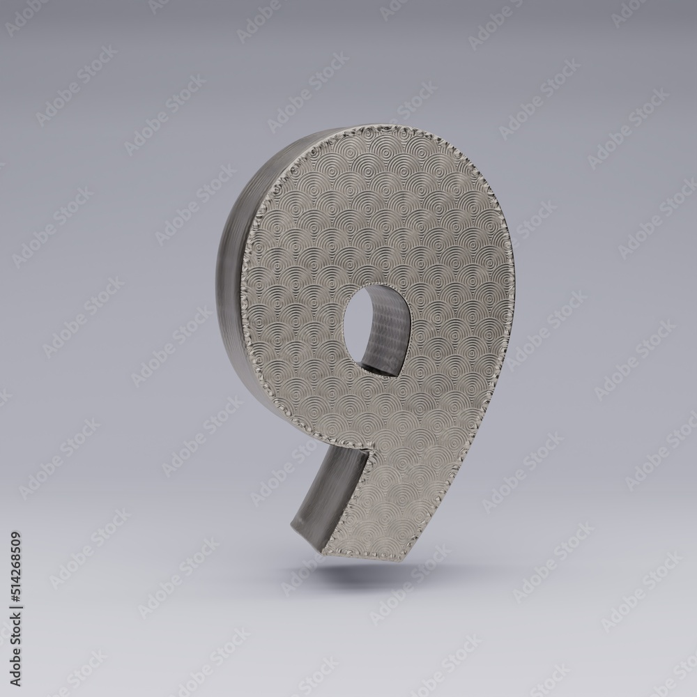 textured 3D number 9 with a beautiful rim on a gray background with shadows. 3d illustration. 3d render.