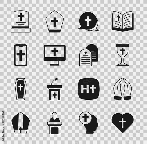 Set Christian cross in heart, Hands praying position, chalice, monitor, phone, Grave with tombstone and Holy bible book icon. Vector