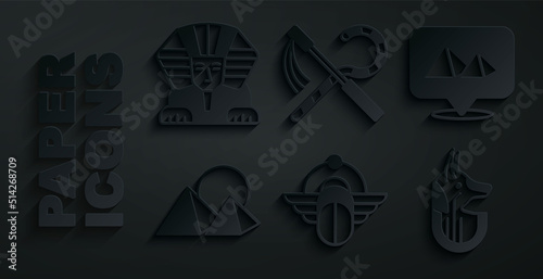 Set Egyptian Scarab, pyramids, anubis, Crook and flail and Sphinx icon. Vector