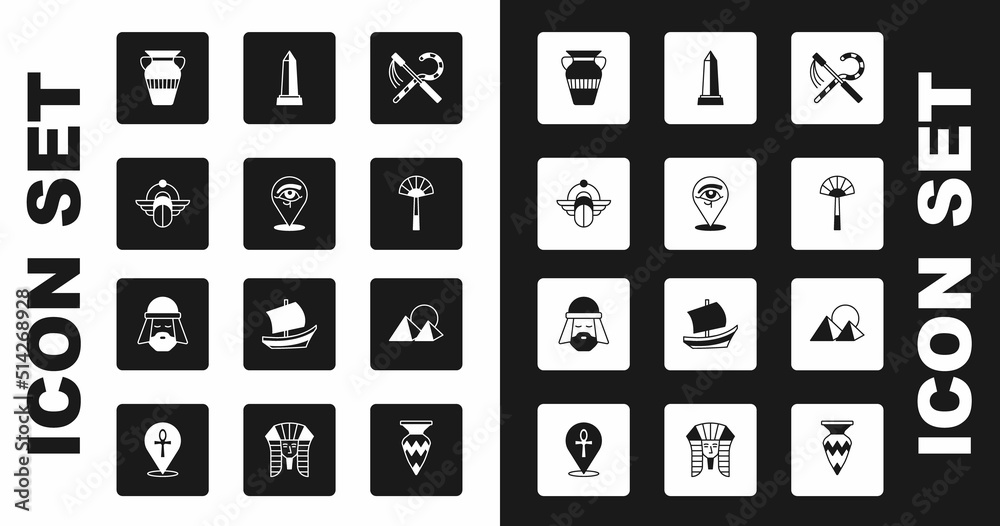 Set Crook and flail, Eye of Horus, Egyptian Scarab, vase, fan, Obelisk Alexandria, pyramids and man icon. Vector Set Crook and flail, Eye of Horus, Egyptian Scarab, vase, fan, Obelisk Alexandria, pyramids and man icon. Vector