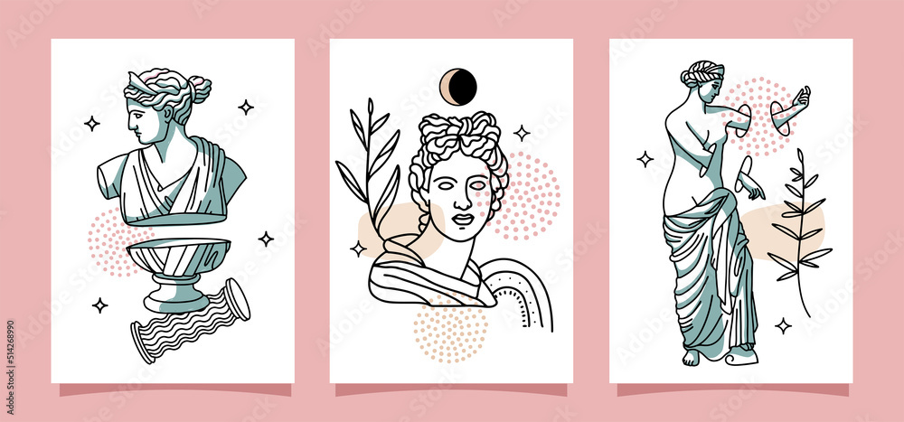 Set of Trippy psychedelic posters, A4 size cover design, surreal cards. Greek sculpture, floral elements, modern statues, geometric shapes in trendy weird style. Hand drawn linear vector illustration. Set of Trippy psychedelic posters, A4 size cover design, surreal cards. Greek sculpture, floral elements, modern statues, geometric shapes in trendy weird style. Hand drawn linear vector illustration.