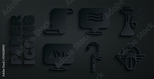 Set Crook, Hookah, Egypt pyramids, Egyptian Scarab, Flag Of and Papyrus scroll icon. Vector