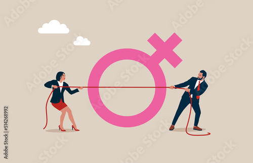 Businessman and businesswoman in red dress pulling a rope, feminism.