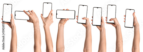 A girl holds in his hands a blank black smartphone screen with a modern frameless design. Eight positions isolated on white background