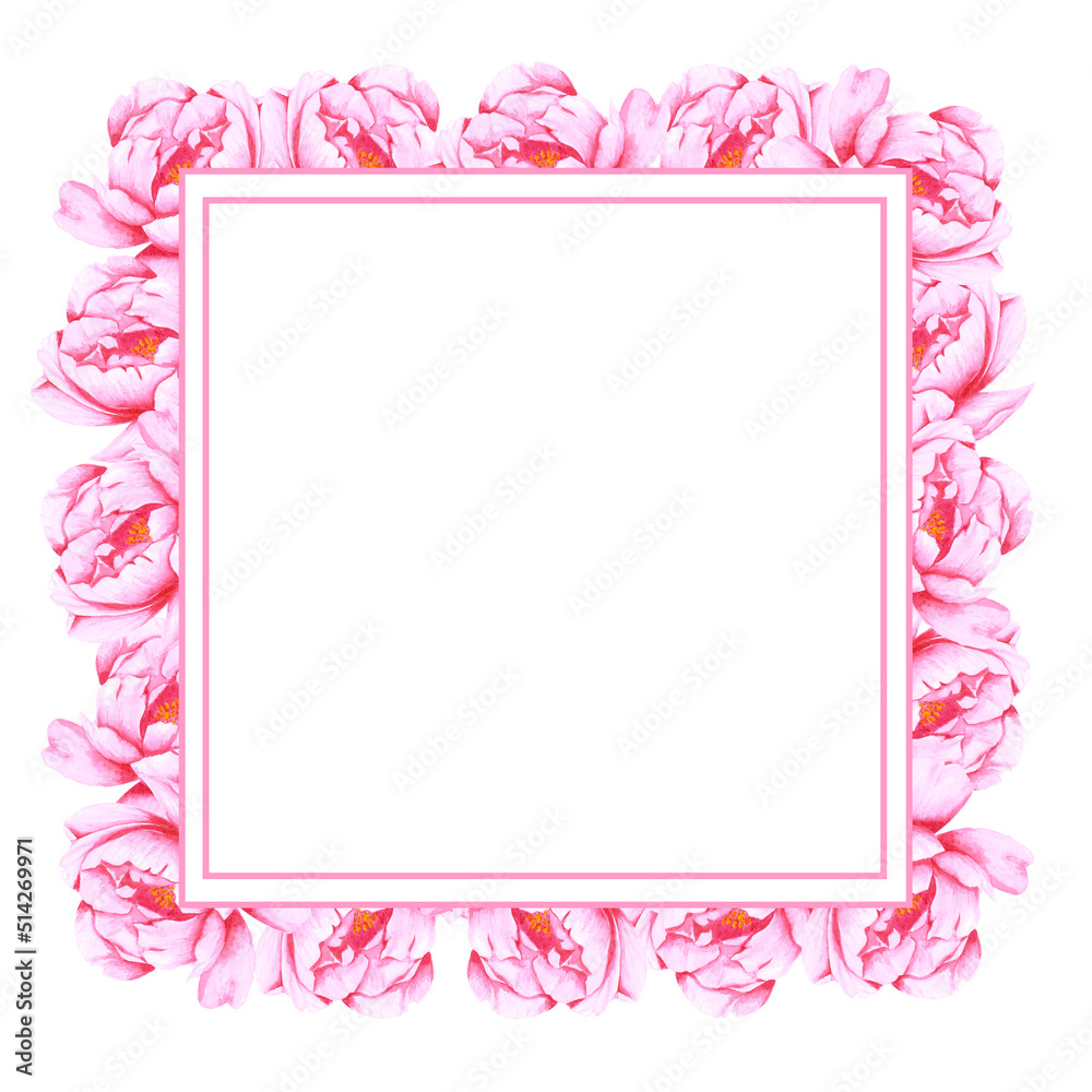 Handdrawn Watercolor pink peony flowers, leaves and buds composition with round frame boarde on the white background. Scrapbook design, wedding card and invitation design, label, banner, post card.