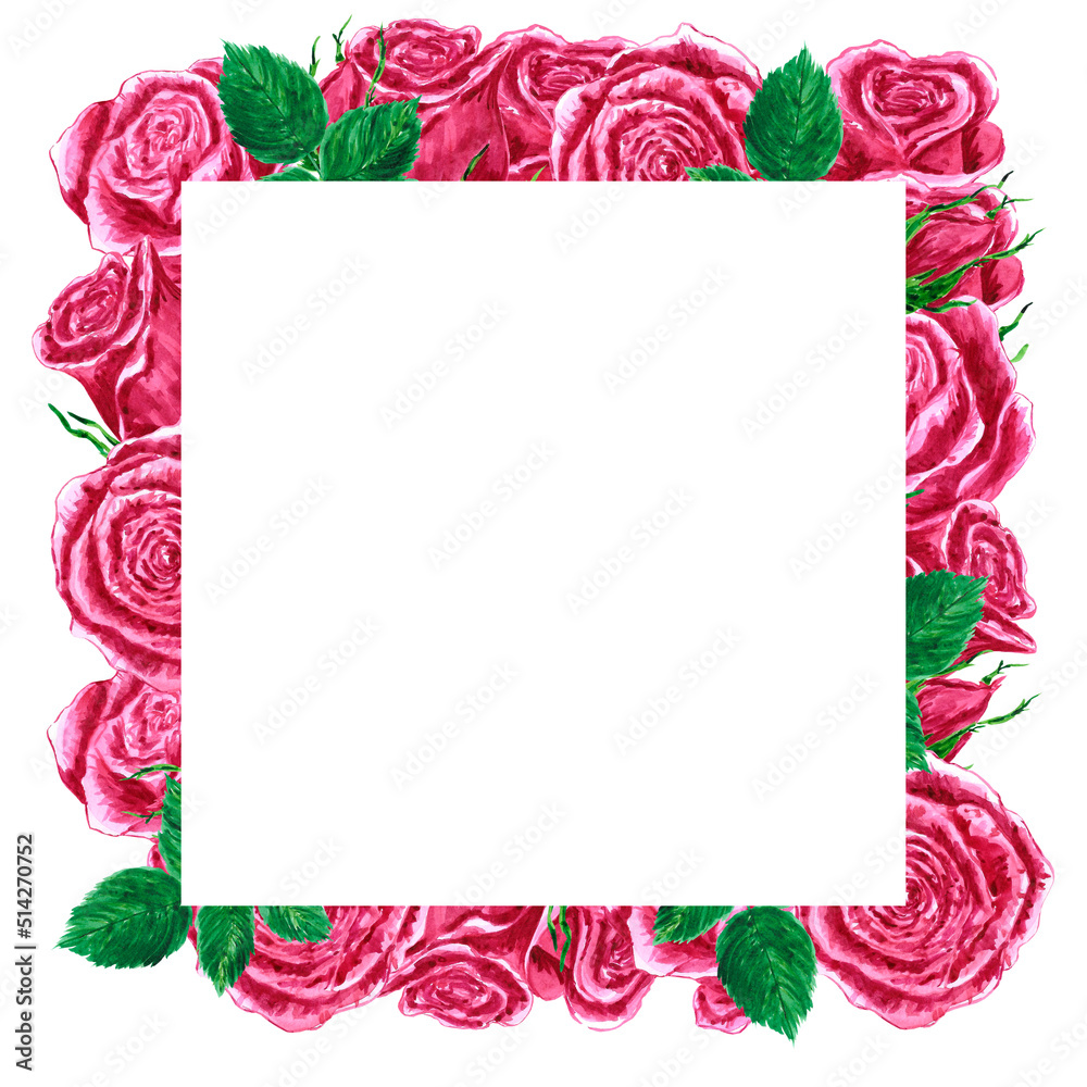Handdrawn Watercolor roses frame boarder on the white background ...