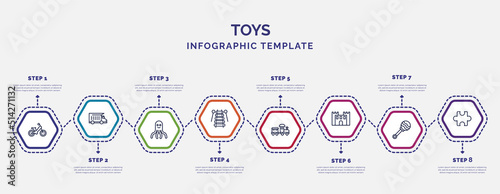 infographic template with icons and 8 options or steps. infographic for toys concept. included ride on toy, octopus toy, xylophone toy, train bouncy castle rattle puzzle icons.
