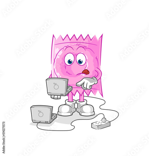 condom with laptop mascot. cartoon vector