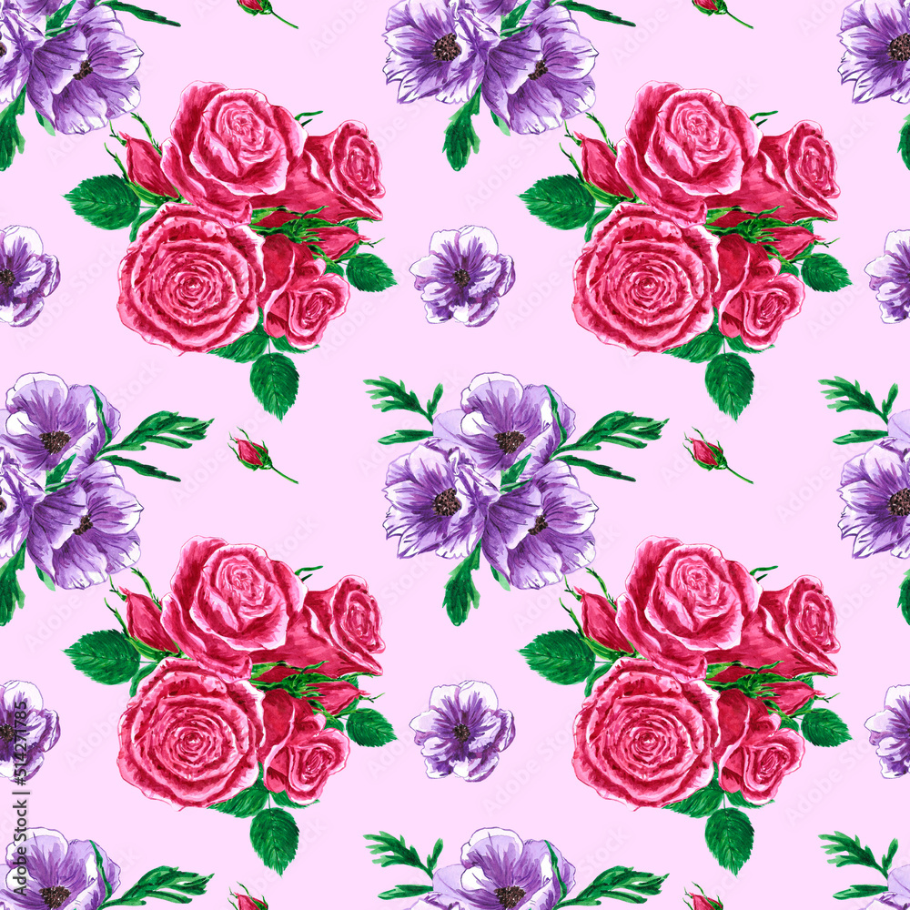 Handdrawn roses and anemons seamless pattern. Watercolor purple and pink flowers composition with green leaves on the purple background. Scrapbook design, typography poster, label, banner, textile.