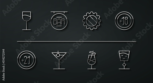Set line Wine glass, Alcohol 21 plus, 18, Cocktail, Martini, Street signboard with Bar, and Bottle cap icon. Vector