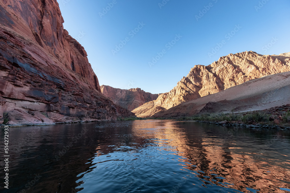 Colorado River in Glen Canyon, Arizona, United States of America. American Mountain Nature Landscape Background. Sunny Sunrise.