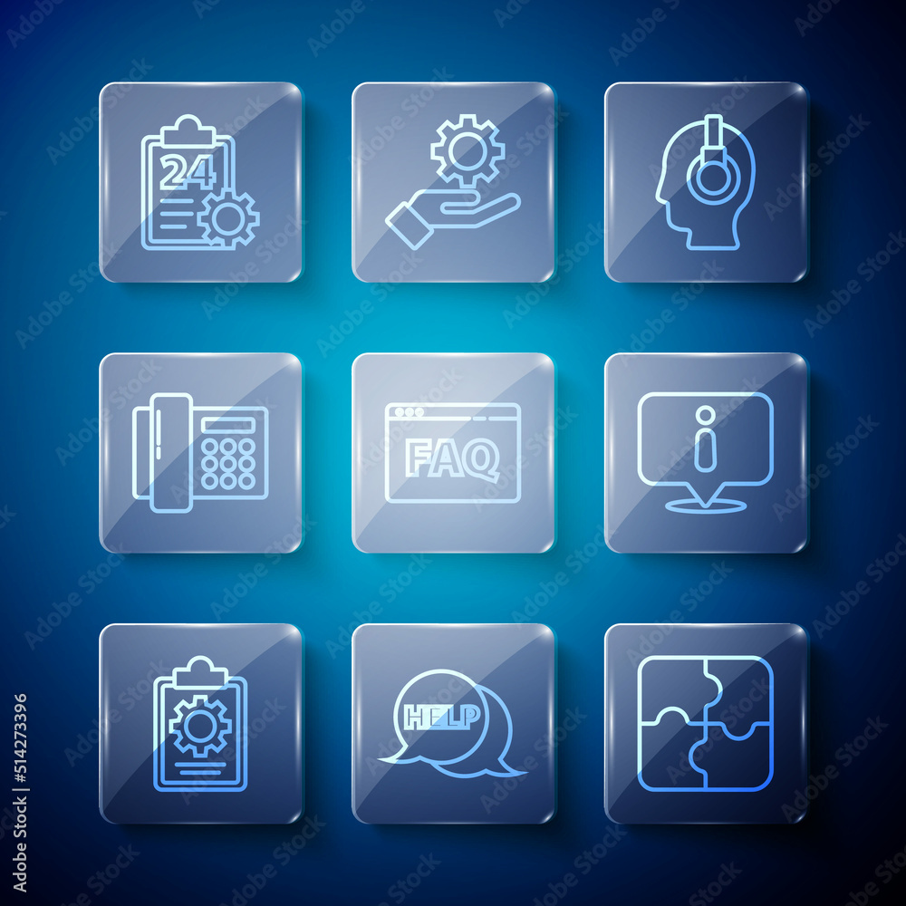 Set line Checklist with 24 hours service, Speech bubble text Help, Piece of puzzle, Support operator in touch, Browser FAQ, Telephone, and Information icon. Vector Set line Checklist with 24 hours service, Speech bubble text Help, Piece of puzzle, Support operator in touch, Browser FAQ, Telephone, and Information icon. Vector