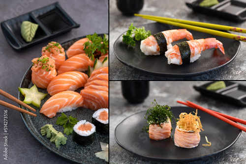 Special sushi collection. Different kinds of sushi on slate background. Three pictures for 1.