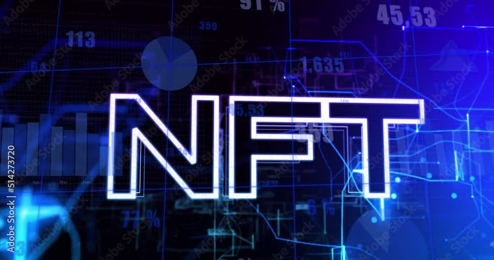 Animation of nft text over data processing on black background