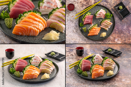 Special sushi collection. Different kinds of sushi on slate background. Four pictures for 1.
