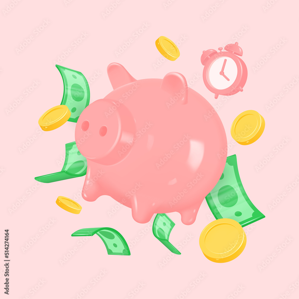 Fototapeta premium 3d alarm clock,piggy bank, gold coins and dollar banknotes in flight. realistic vector illustration. the concept of accumulation, investment, money management, payment for purchases, loans.