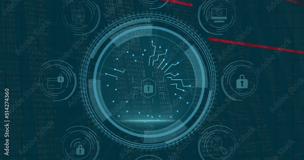 Animation of data processing and padlock over blue background Animation of data processing and padlock over blue background