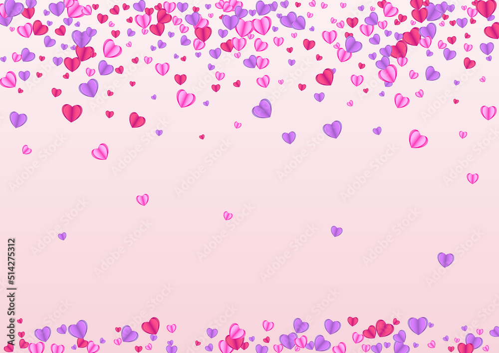 Purple Confetti Background Pink Vector. Banner Illustration Heart. Tender Color Backdrop. Violet Heart Birthday Frame. Fond Cut Pattern.