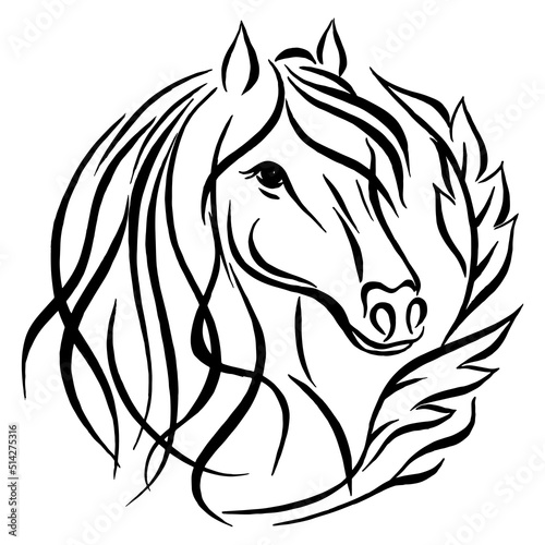 Horse Head Logo, Vector Illustration, hand drawn image. Horse head silhouette in ornament. Linear drawing. Calligraphy image.