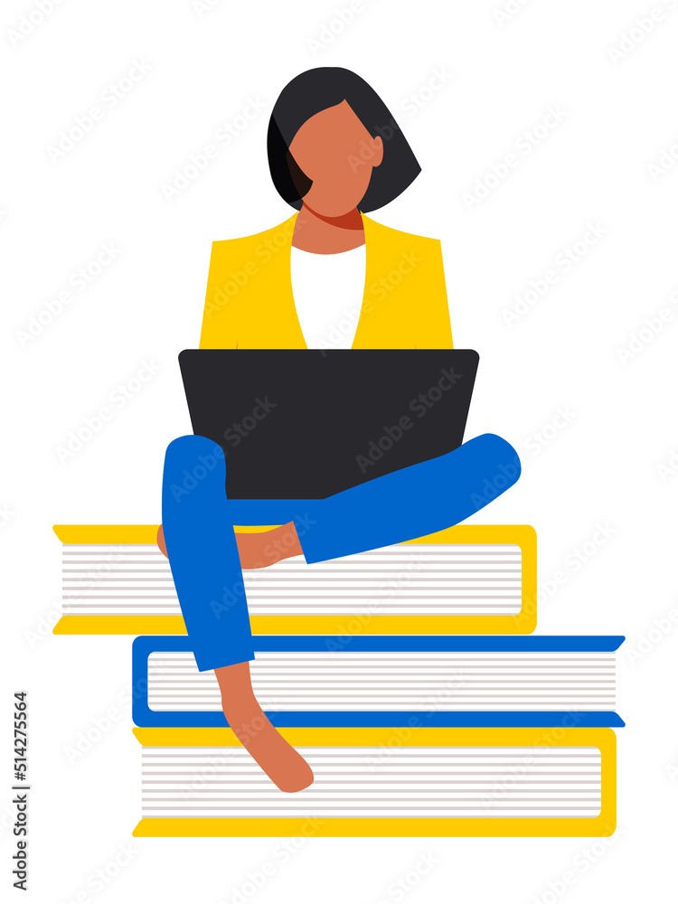 A cute female student in a jacket sits with a laptop on books barefoot. Online education concept in blue and yellow colors flat style. Remote work freelancer. A cute female student in a jacket sits with a laptop on books barefoot. Online education concept in blue and yellow colors flat style. Remote work freelancer.