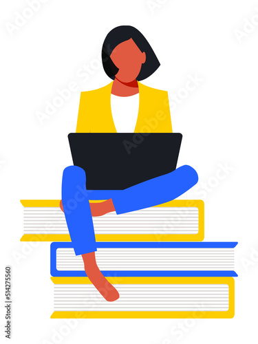 A cute female student in a jacket sits with a laptop on books barefoot. Online education concept in blue and yellow colors flat style. Remote work freelancer. Vector.