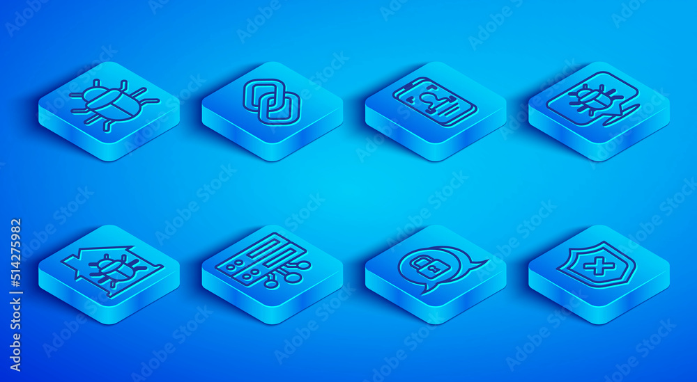 Set line System bug, Chain link, Mobile and face recognition, Server, Data, Web Hosting, Cyber security, House system and Shield with cross mark icon. Vector Set line System bug, Chain link, Mobile and face recognition, Server, Data, Web Hosting, Cyber security, House system and Shield with cross mark icon. Vector